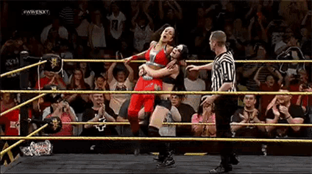 a female wrestler is being lifted in the air by a referee during a wrestling match .