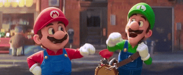 mario and luigi are standing next to each other on the street .