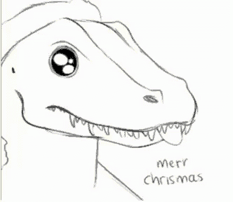 a black and white drawing of a dinosaur wearing a santa hat with the words `` it christmas '' written below it .