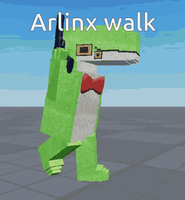 a green frog with a red bow tie is walking with the words arlinx walk behind it