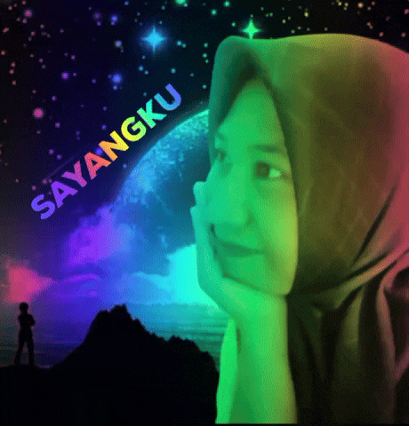 a woman wearing a head scarf with the words sayangku above her