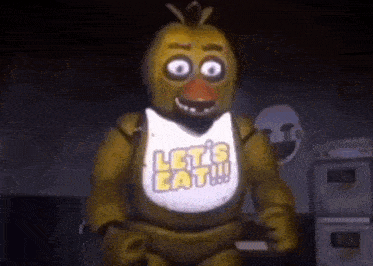 chica the chicken from five nights at freddy 's is wearing a let 's eat t-shirt .