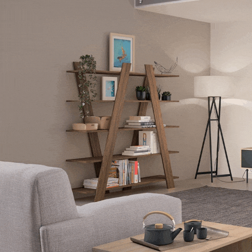 a living room with a ladder shelf and a lamp