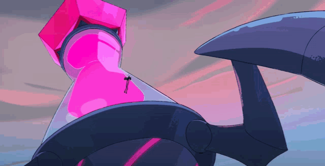 a cartoon drawing of a robot with a pink object on top of it