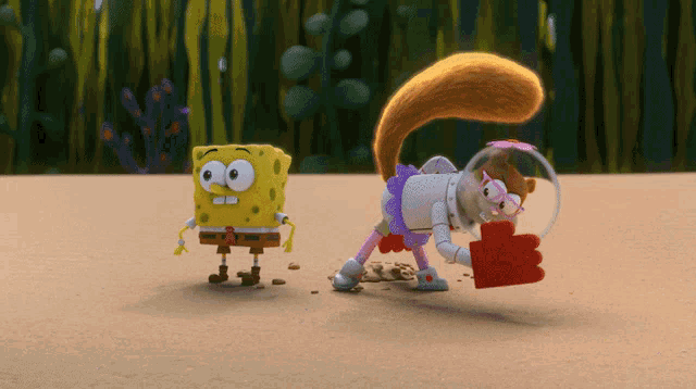 spongebob and sandy cheeks are standing on a sandy beach
