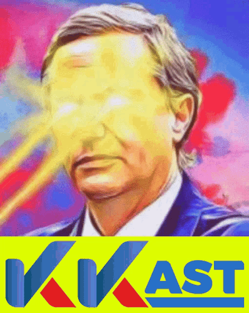 a painting of a man with glowing eyes and the word kikast