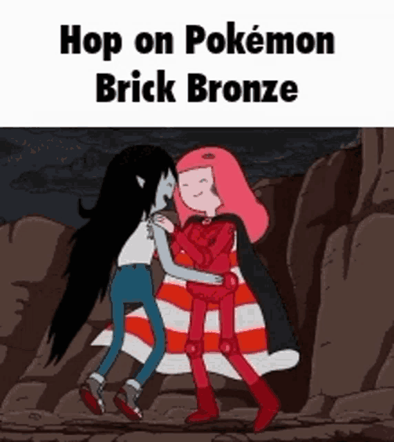 a cartoon of two girls hugging with the words hop on pokemon brick bronze above them