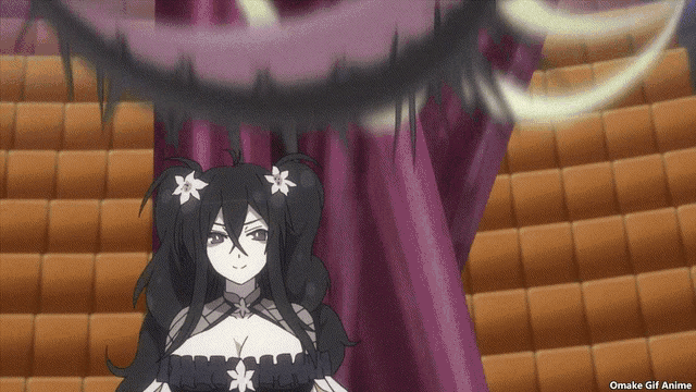 a gif of a girl with black hair and white flowers is titled omake gif anime