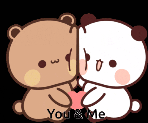 a couple of teddy bears holding a heart with the words you and me written below them