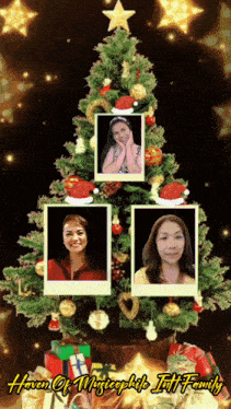 a picture of a christmas tree with three pictures on it and the words haven of magicophil int family below it