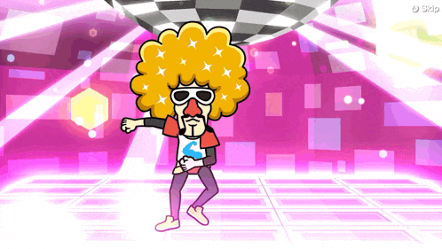 a cartoon character is dancing in front of a disco ball and the word skip is on the bottom of the screen