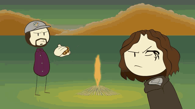 a cartoon of a man standing next to another man with a beard