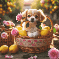 a puppy in a basket with lemons and roses