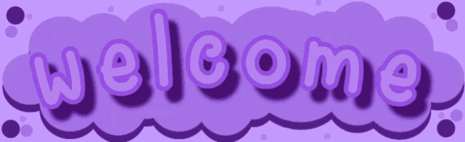 the word welcome is written in purple on a white background