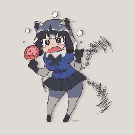 a cartoon drawing of a raccoon girl holding a lollipop with the letter w on it