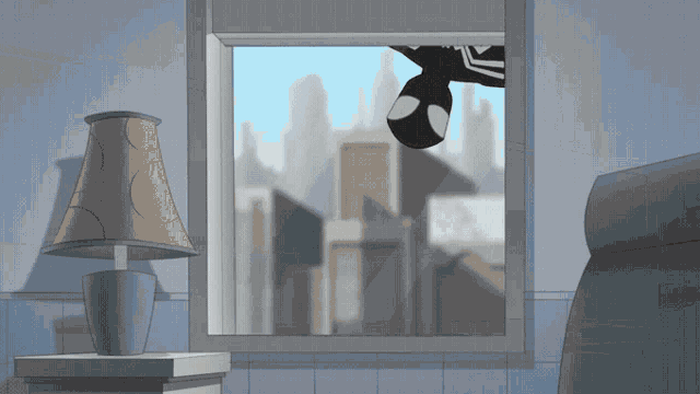a lamp sits on a nightstand in front of a window with a spider man hanging out of it