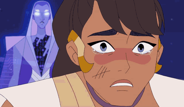 a cartoon drawing of a man with a scar on his face and a woman in the background