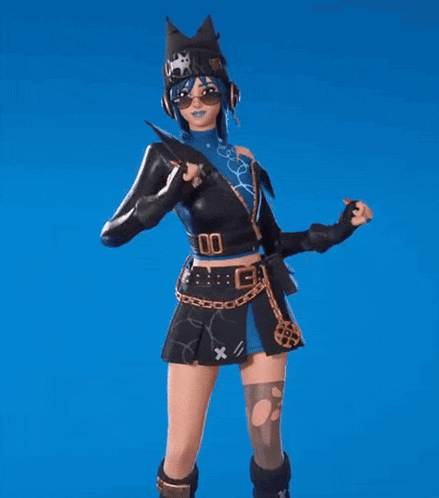a girl with blue hair is wearing a black hat and sunglasses