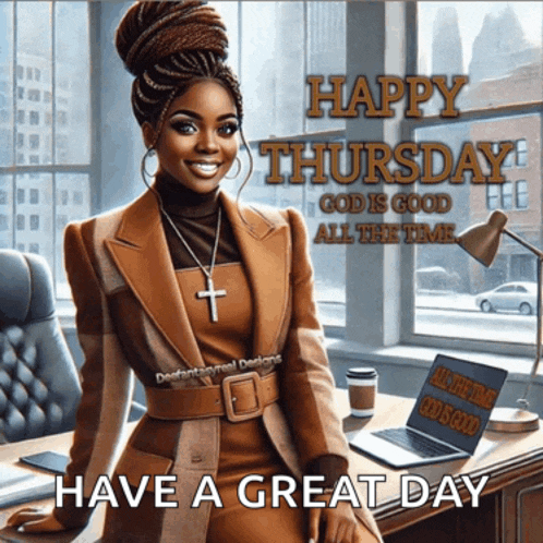 a picture of a woman with the words happy thursday god is good all the time on it