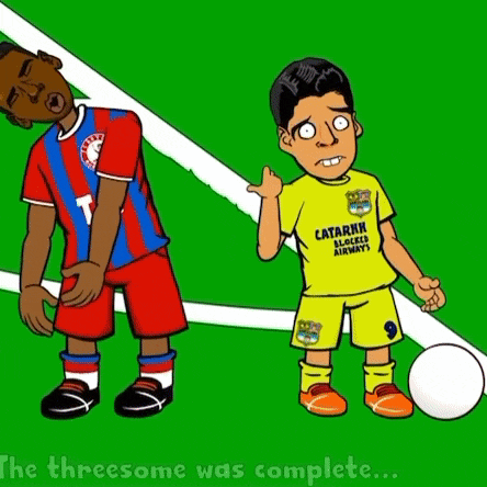 a cartoon of two soccer players with the words " the threesome was complete " on the bottom