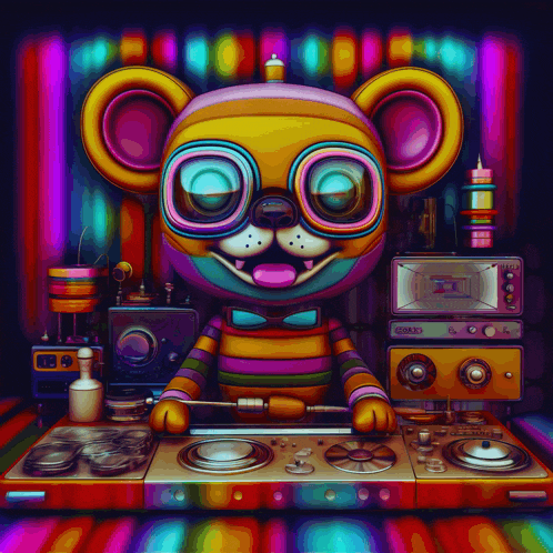 a colorful illustration of a bear playing music with a tape recorder that says ' tcr ' on it
