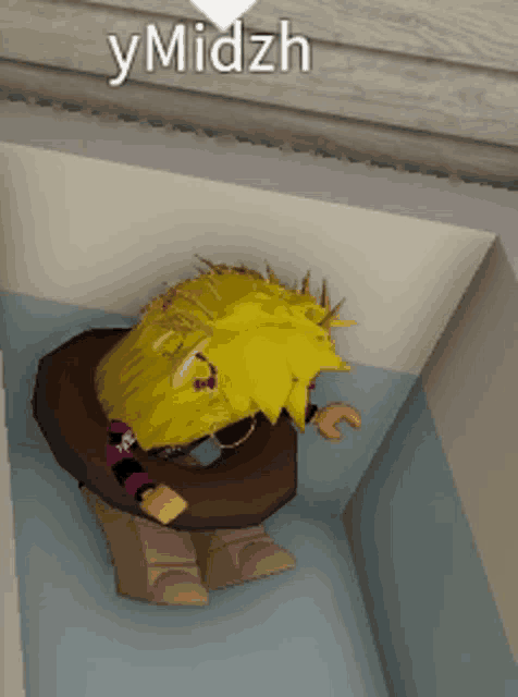 a cartoon character with yellow hair is sitting in a corner with the name ymidzh written above her