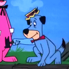 a blue dog is kneeling down next to a pink animal