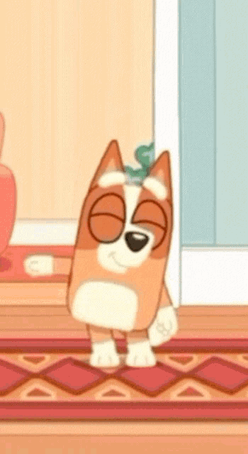 a cartoon dog is standing on a rug with his eyes closed and a plant in his hair .