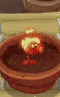 a cartoon of a plant in a pot with a fireball coming out of it