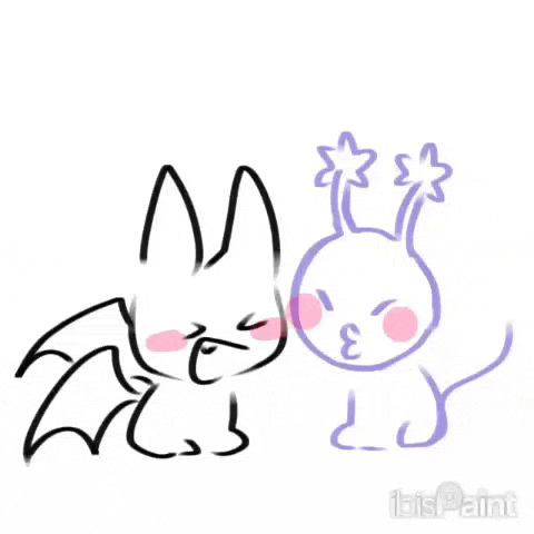 a drawing of a bat and a rabbit with a flower on their head