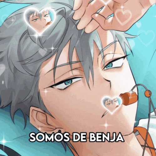 a picture of a boy with hearts around his head and the words somos de benja below him