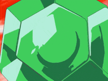 a purple haired anime character holding a green cube