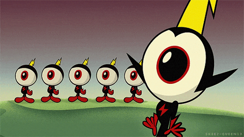 a bunch of cartoon characters are standing in a line with the words skeez-queen13 written on the bottom
