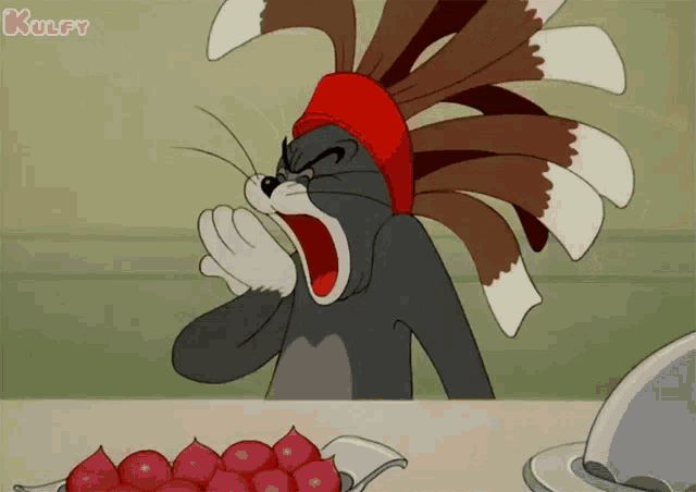 a cartoon of a cat wearing a red hat and yawning