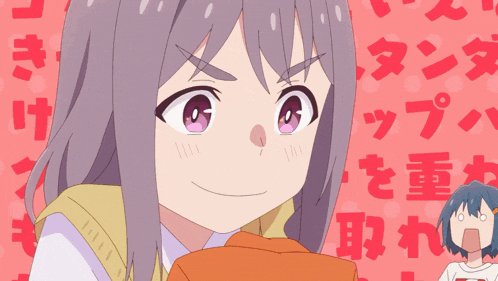 a girl with purple eyes is holding a piece of food