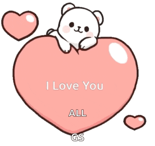 a teddy bear is laying on top of a pink heart that says i love you all