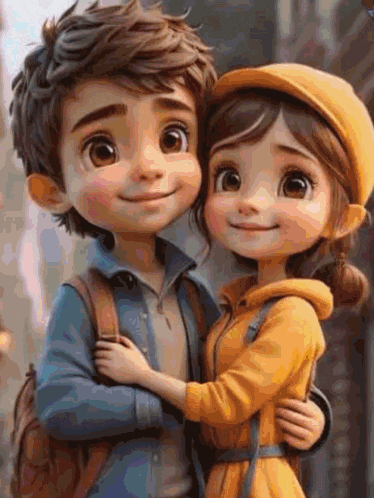 a boy and a girl are hugging each other and smiling . the girl is wearing a yellow hat .