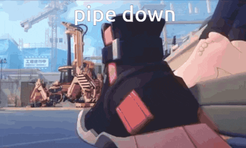 a person is standing in front of a construction site with the words pipe down written on the bottom