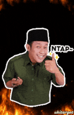 a man in a green shirt is giving a thumbs up and the word ntap is above him