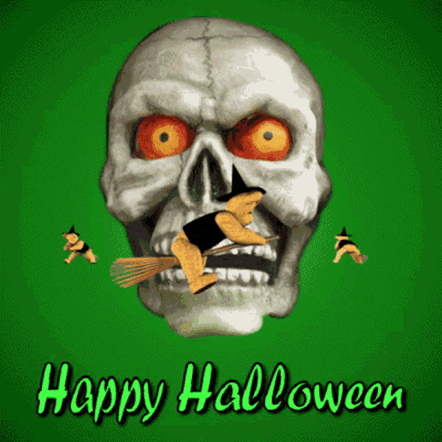 a skull with a witch on a broom and the words happy halloween written below it
