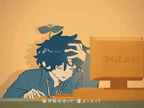 a drawing of a person looking at a computer screen with chinese writing