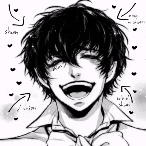a black and white drawing of a person with shion written on his face