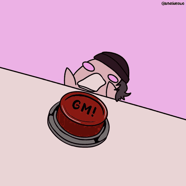 a cartoon of a person pressing a red button that says gm