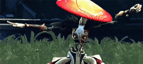 a cartoon character is holding a frisbee on his head
