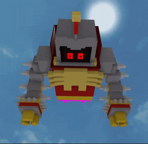 a robot with red eyes and yellow arms is flying through the air