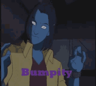 a cartoon character with the word bumpy in purple
