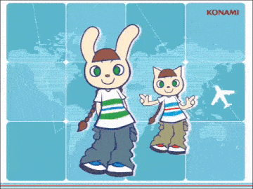 a rabbit and a cat are standing next to each other on a konami poster