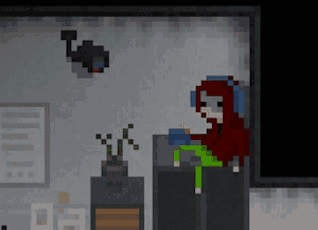 a pixel art drawing of a girl sitting in front of a tv