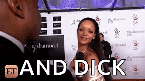 a woman is being interviewed on a red carpet and the words " and dick " are visible