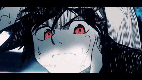 a black and white drawing of a person with red eyes and the word ninja at the bottom